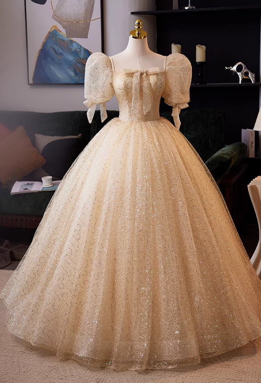 Vintage Square Neck A-Line Layered Tulle Sweet 16th Gowns Bows Sequins Puff Short Sleeve Prom Dress AP5037