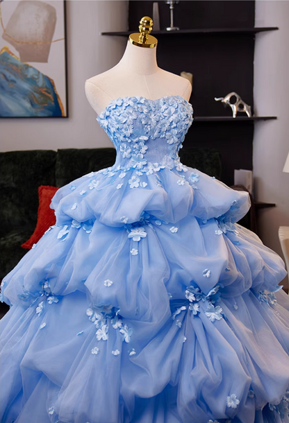 Artistic Strapless A-Line Sweet 16th Gowns Appliques Beads Tiered Tulle Prom Dress AP5038