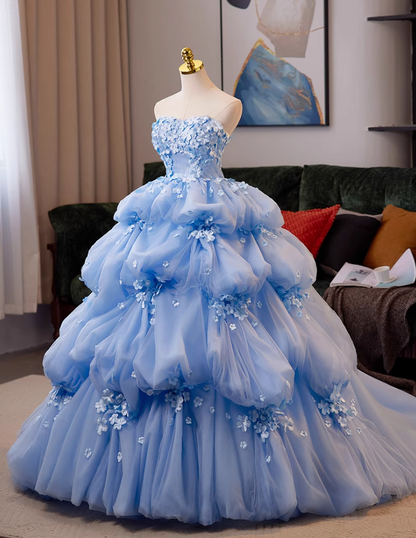 Artistic Strapless A-Line Sweet 16th Gowns Appliques Beads Tiered Tulle Prom Dress AP5038