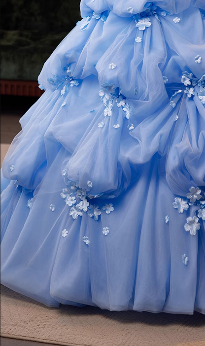 Artistic Strapless A-Line Sweet 16th Gowns Appliques Beads Tiered Tulle Prom Dress AP5038