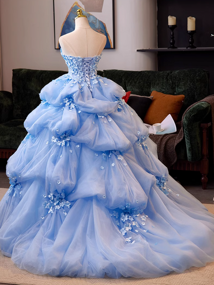 Artistic Strapless A-Line Sweet 16th Gowns Appliques Beads Tiered Tulle Prom Dress AP5038