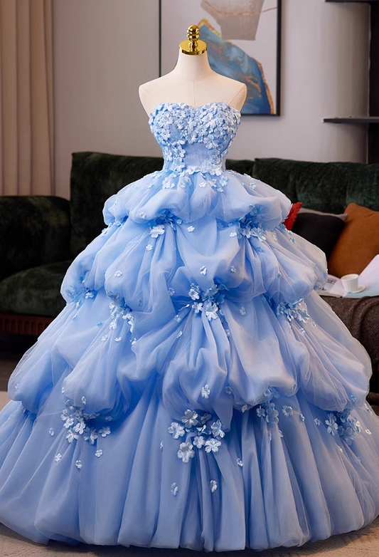 Artistic Strapless A-Line Sweet 16th Gowns Appliques Beads Tiered Tulle Prom Dress AP5038