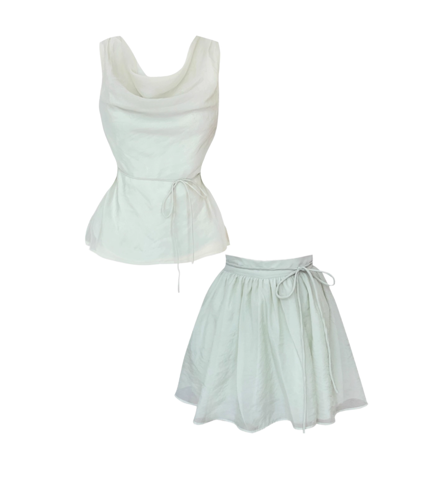 Dreamy White Sleeveless Cowl Neck Top A-Line Mini Skirt Simple Tie Waist Soft Fabric 2-Piece Set Flared Short Dress AP5039