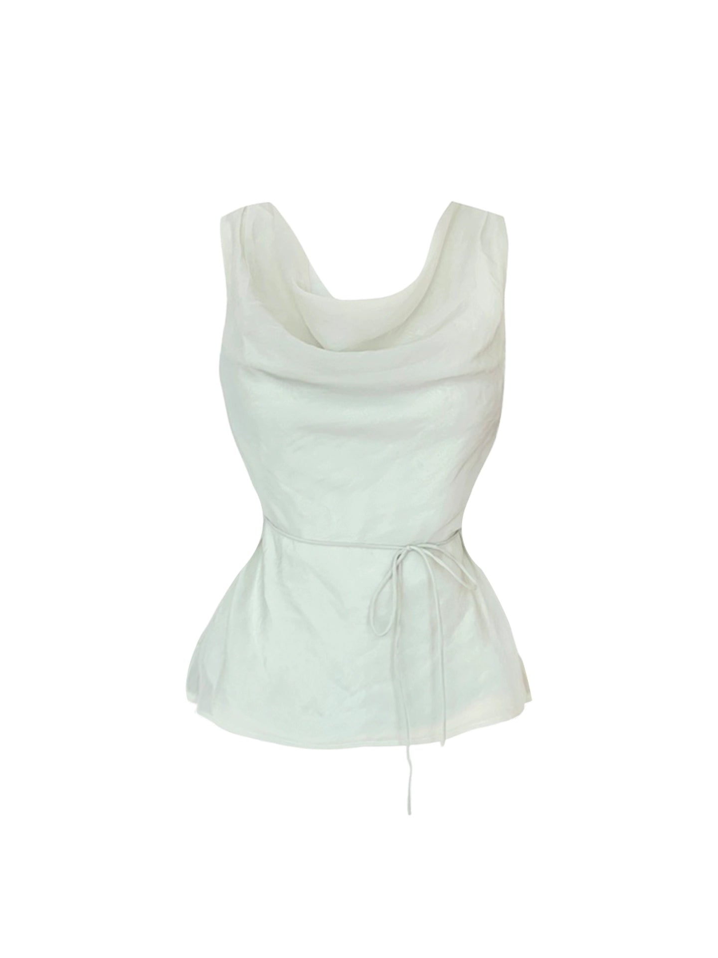 Dreamy White Sleeveless Cowl Neck Top A-Line Mini Skirt Simple Tie Waist Soft Fabric 2-Piece Set Flared Short Dress AP5039
