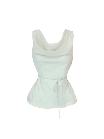 Dreamy White Sleeveless Cowl Neck Top A-Line Mini Skirt Simple Tie Waist Soft Fabric 2-Piece Set Flared Short Dress AP5039
