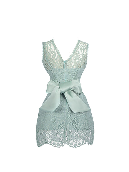 Alluring Mint Green Sleeveless Lace Sheath Mini Skirt Vogue Date Nights Oversized Satin Bow Jewel Neck Short Dress AP5040