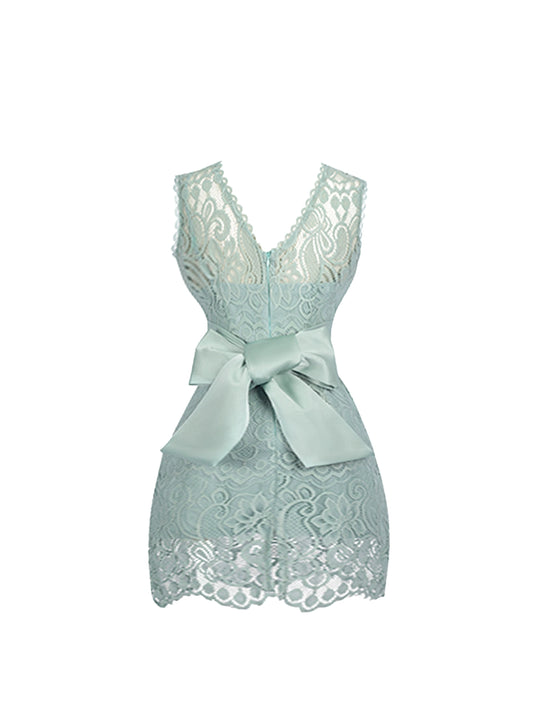 Alluring Mint Green Sleeveless Lace Sheath Mini Skirt Vogue Date Nights Oversized Satin Bow Jewel Neck Short Dress AP5040