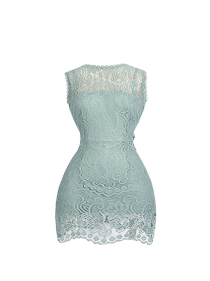 Alluring Mint Green Sleeveless Lace Sheath Mini Skirt Vogue Date Nights Oversized Satin Bow Jewel Neck Short Dress AP5040