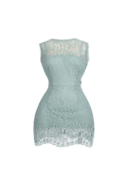 Alluring Mint Green Sleeveless Lace Sheath Mini Skirt Vogue Date Nights Oversized Satin Bow Jewel Neck Short Dress AP5040
