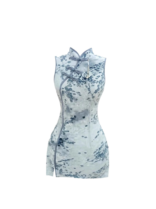 Gorgeous Ink Print Frog Buttons Pendant Sheath Mini Skirt Vintage Sleeveless Mandarin Collar Qipao Short Dress AP5041