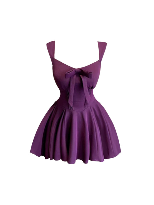 Glam Spaghetti Strap Chest Bow Fitted Waist A-Line Mini Skirt Chic Deep Purple Sleeveless Square Neck Short Dress AP5042