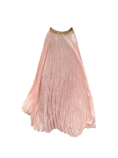 Glamorous Brown Top 2-Piece Set Blush Pink Pleated Flowy Maxi Skirt Glittering Gold Waist Trim A-Line Spaghetti Straps Long Dress AP5043