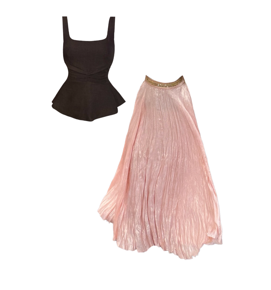 Glamorous Brown Top 2-Piece Set Blush Pink Pleated Flowy Maxi Skirt Glittering Gold Waist Trim A-Line Spaghetti Straps Long Dress AP5043
