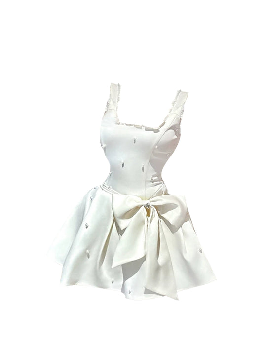 Sheen Spaghetti Strap Ruffled Straps Bow Accent Mini Skirt Elegant Pearl Details White A-Line Short Dress AP5044