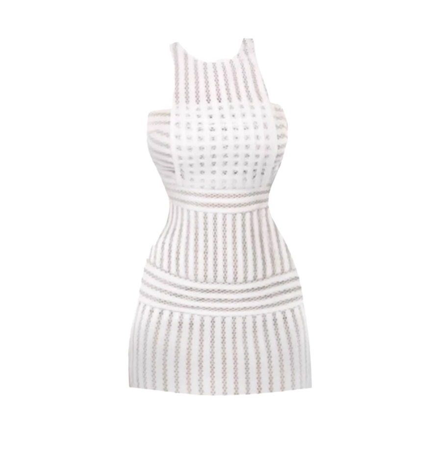 Stunning Slim-Fit White Sheath Mini Skirt Chic Jewel Neck Knit Striped Openwork Details Short Dress AP5045