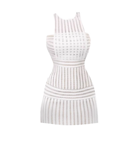 Stunning Slim-Fit White Sheath Mini Skirt Chic Jewel Neck Knit Striped Openwork Details Short Dress AP5045