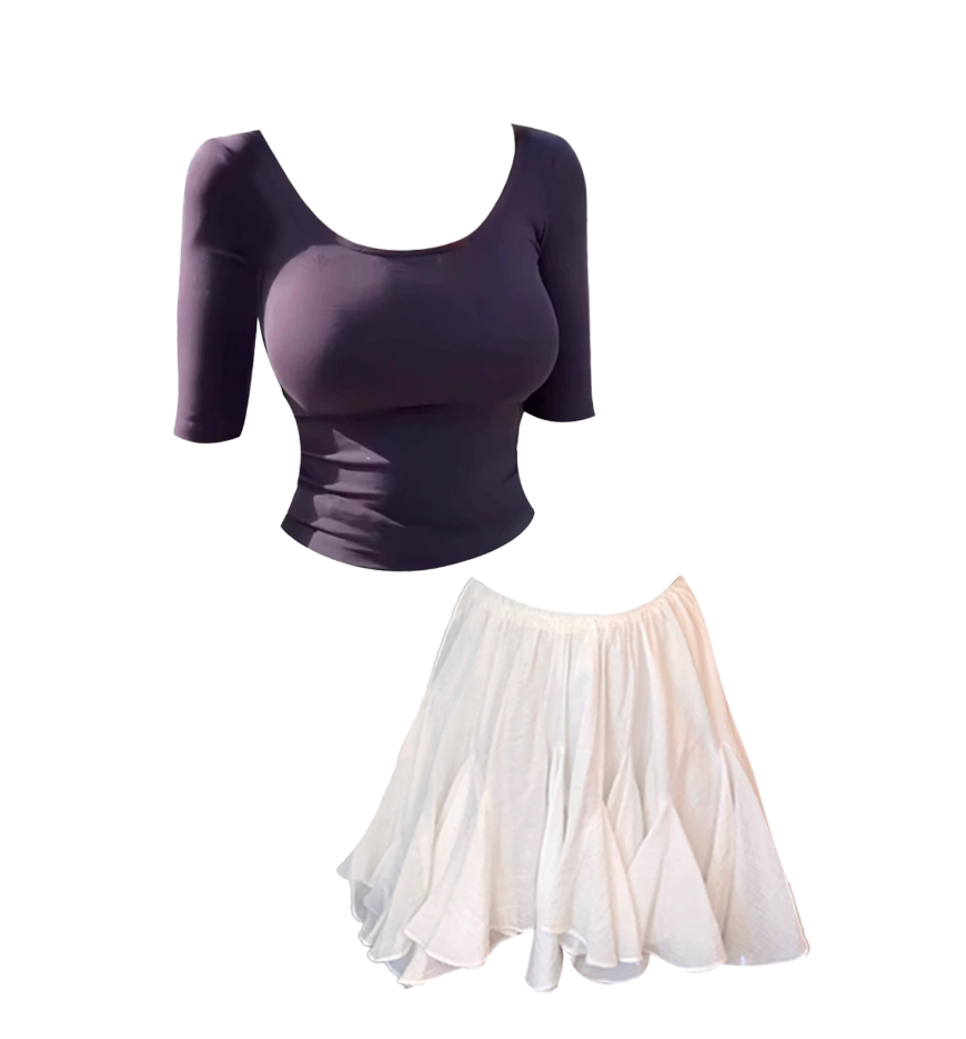 Dramatic Square Neck Dark Purple Blouse 2-Piece Outfit Ruffled Hem Mini Skirt Charming A-Line 3/4 Sleeve Top Ivory Sheer Tulle Flowy Short Dress AP5046