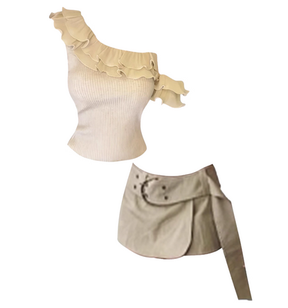 Novelty 2-Piece Sheath Adjustable Belt Mini Skirt Chic Ruffles Asymmetric Neck Ribbed Top Date Nights Short Dress AP5047