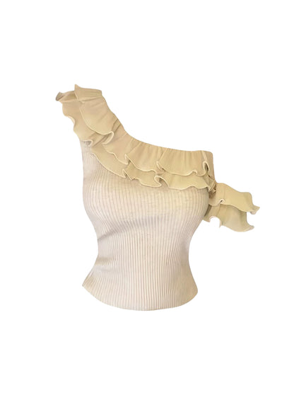 Novelty 2-Piece Sheath Adjustable Belt Mini Skirt Chic Ruffles Asymmetric Neck Ribbed Top Date Nights Short Dress AP5047