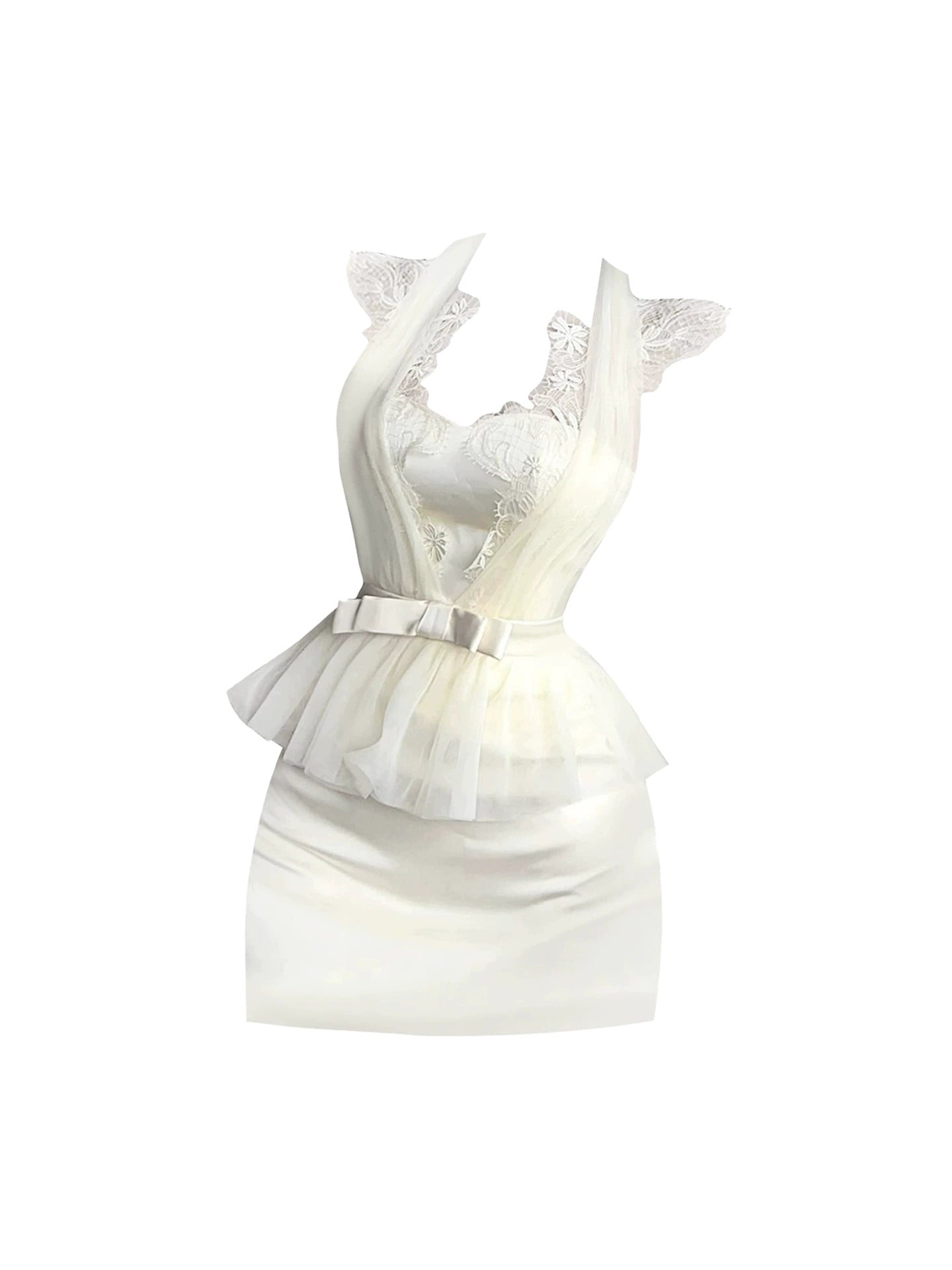 Unique White Bow Accent Halter Neck Sheath Mini Skirt Charming Ruched Bust Lace Shoulder Flared Short Dress AP5048