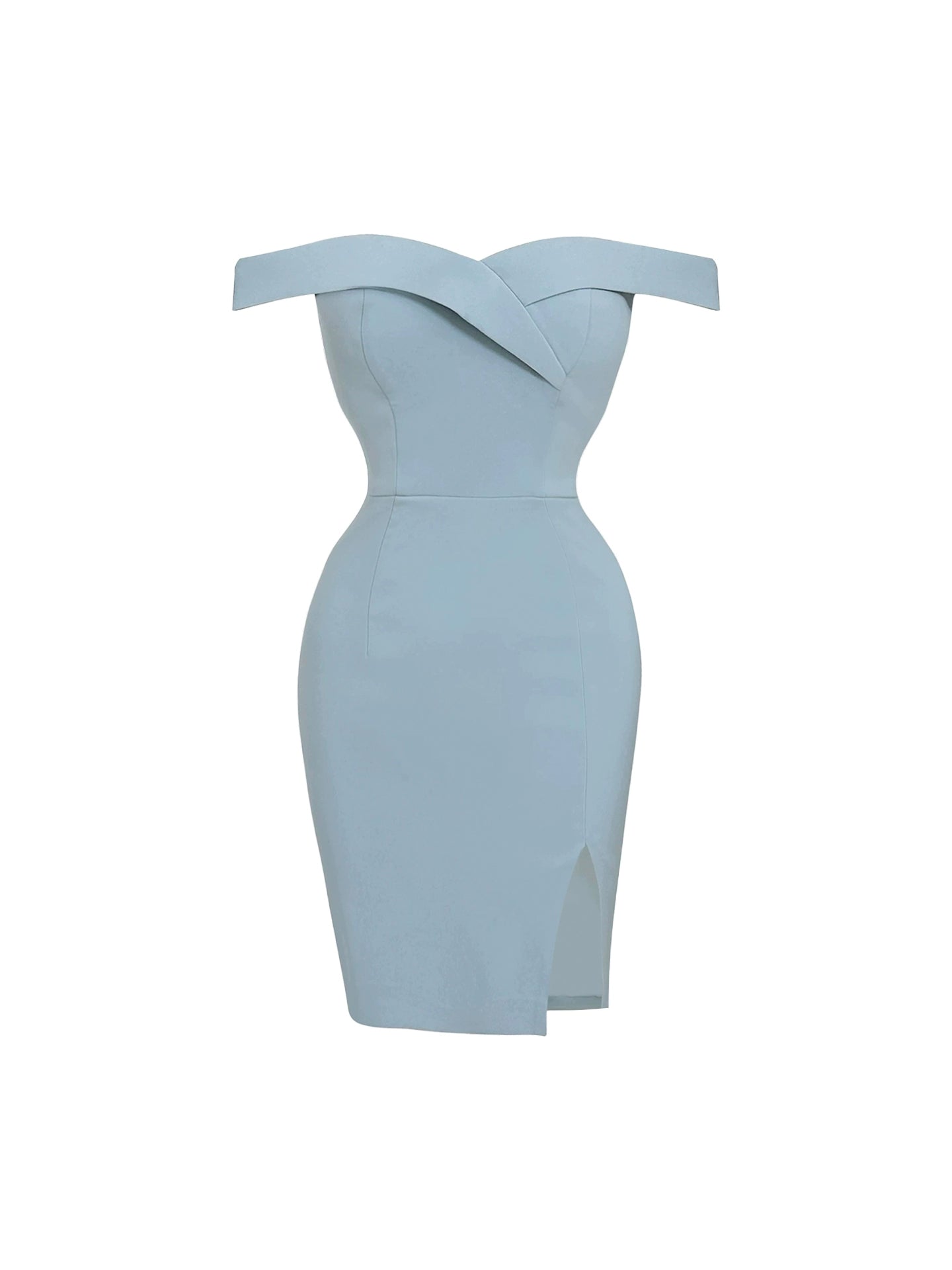 Vibrant Crisscross Front Sheath Side Slit Mini Skirt Simple Off-Shoulder Light Blue Short Dress AP5049