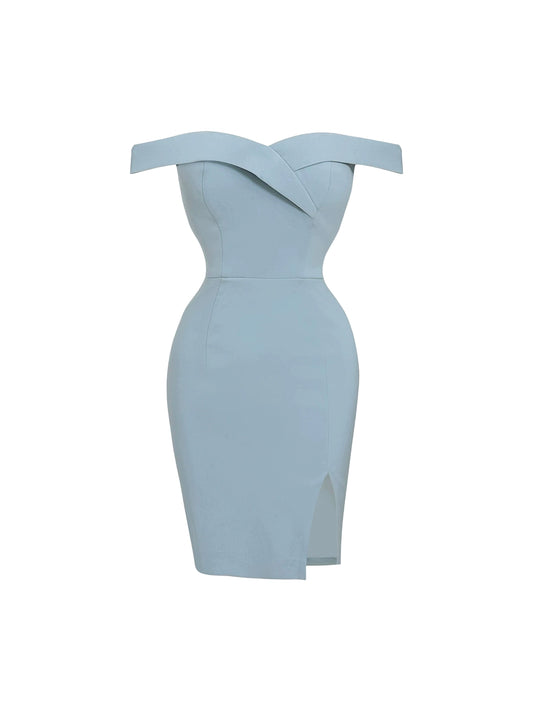 Vibrant Crisscross Front Sheath Side Slit Mini Skirt Simple Off-Shoulder Light Blue Short Dress AP5049