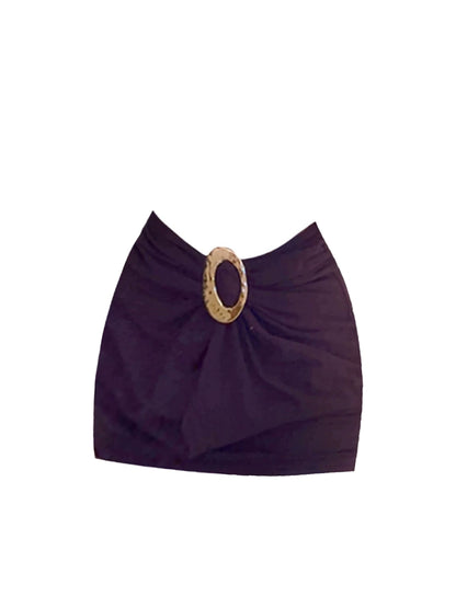 French Style Bodycon Deep Purple Ruched Waist Mini Skirt Simple 2-Piece Oval Accent Buckle Halter Short Dress AP5051