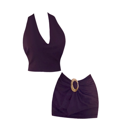 French Style Bodycon Deep Purple Ruched Waist Mini Skirt Simple 2-Piece Oval Accent Buckle Halter Short Dress AP5051