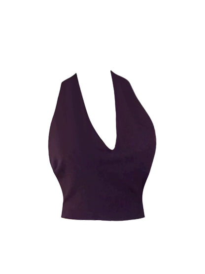 French Style Bodycon Deep Purple Ruched Waist Mini Skirt Simple 2-Piece Oval Accent Buckle Halter Short Dress AP5051
