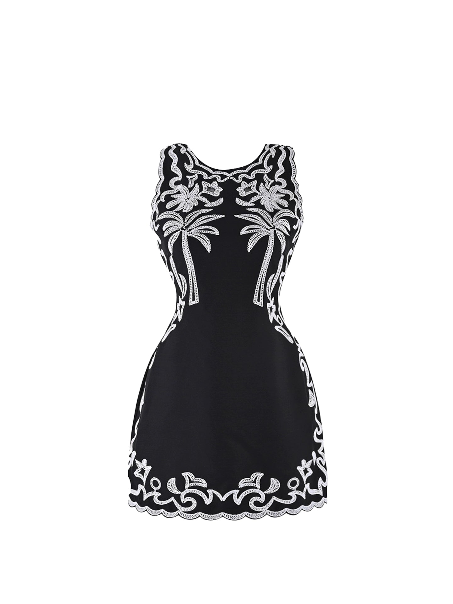 Charming White Palm Embroidery Sheath Mini Skirt Trendy Black Jewel Neck Short Dress AP5052