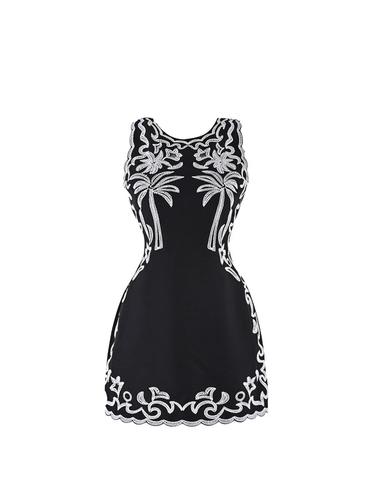 Charming White Palm Embroidery Sheath Mini Skirt Trendy Black Jewel Neck Short Dress AP5052