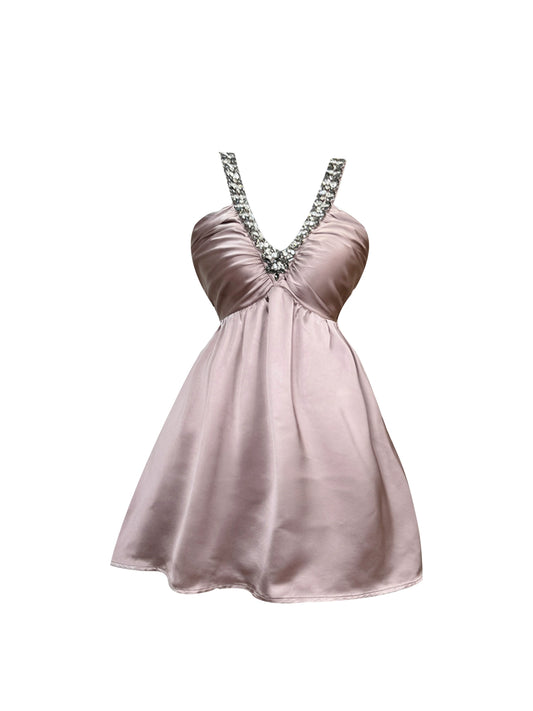 Ethereal Beaded Embellishment Halter Neck Mini Skirt Lustrous Blush Pink Satin V-Neck A-Line Short Dress AP5053