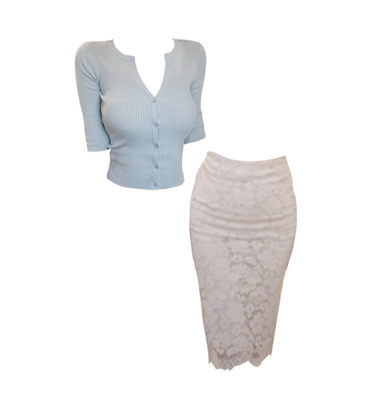 Simple Blue Long Sleeve Blouse Light Beige Lace Pencil Midi Skirt Elegant Intricate Floral Patterns V Neck 2-Piece Set Short Dress AP5055