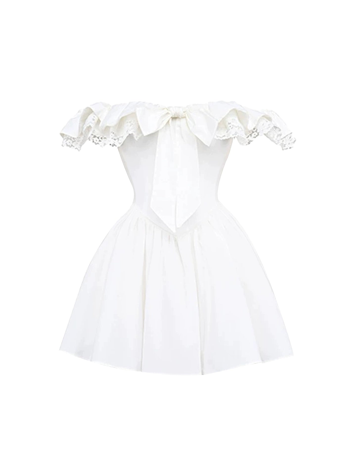 Playful Big Bow Lace Trim White A-Line Mini Skirt Simple Off-Shoulder Cinched Waist Flared Short Dress AP5057