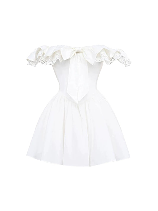 Playful Big Bow Lace Trim White A-Line Mini Skirt Simple Off-Shoulder Cinched Waist Flared Short Dress AP5057