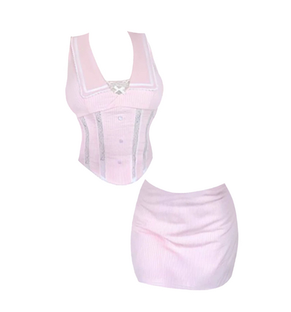 Stylish 2-Piece Set Pink Sheath Mini Skirt Vogue V-Neck Bow Accent Lace Trim Short Dress AP5058