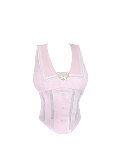 Stylish 2-Piece Set Pink Sheath Mini Skirt Vogue V-Neck Bow Accent Lace Trim Short Dress AP5058