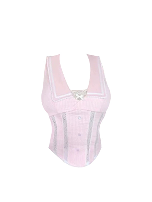 Stylish 2-Piece Set Pink Sheath Mini Skirt Vogue V-Neck Bow Accent Lace Trim Short Dress AP5058