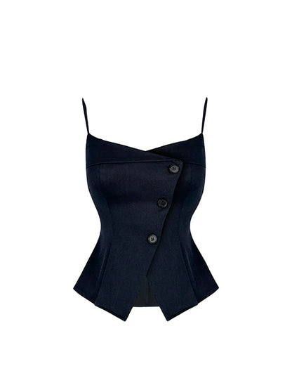 Flattering Button-Accented Peplum Top 2-Piece Set Mini Skirt Chic Slim-Fit Spaghetti Strap Bodycon Short Dress AP5059
