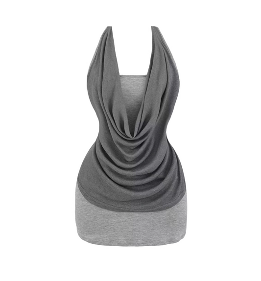 Fitted Soft Fabric Sheath Drape-Neck Mini Skirt Trendy Two-Tone Gray Sleeveless Short Dress AP5060