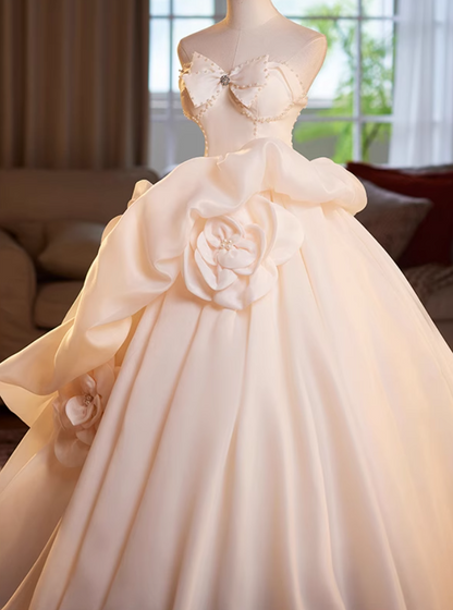 Trendy Strapless A-Line Ruffles Tulle Sweet 16th Gowns Beading Handmade Flowers Bow Prom Dress AP5061