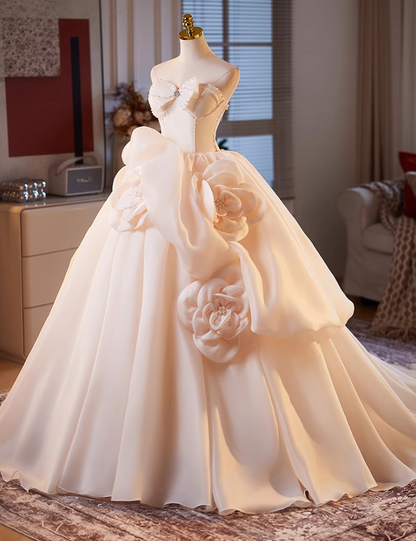 Trendy Strapless A-Line Ruffles Tulle Sweet 16th Gowns Beading Handmade Flowers Bow Prom Dress AP5061
