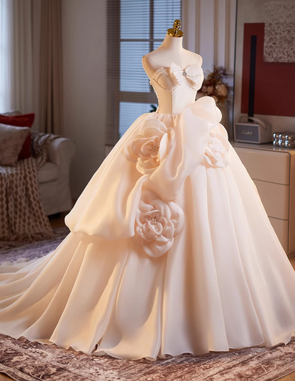 Trendy Strapless A-Line Ruffles Tulle Sweet 16th Gowns Beading Handmade Flowers Bow Prom Dress AP5061