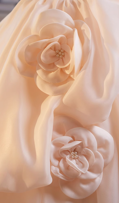 Trendy Strapless A-Line Ruffles Tulle Sweet 16th Gowns Beading Handmade Flowers Bow Prom Dress AP5061