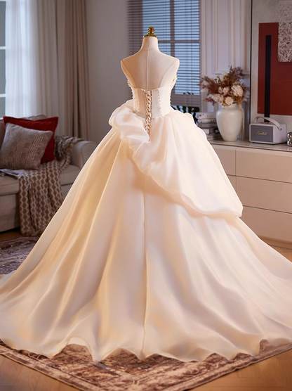 Trendy Strapless A-Line Ruffles Tulle Sweet 16th Gowns Beading Handmade Flowers Bow Prom Dress AP5061
