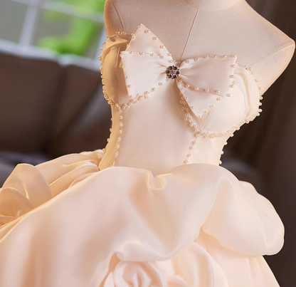 Trendy Strapless A-Line Ruffles Tulle Sweet 16th Gowns Beading Handmade Flowers Bow Prom Dress AP5061