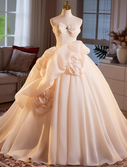 Trendy Strapless A-Line Ruffles Tulle Sweet 16th Gowns Beading Handmade Flowers Bow Prom Dress AP5061