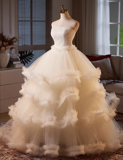 Attractive Strapless A-Line Sweet 16th Gowns Tiered Tulle Prom Dress AP5062