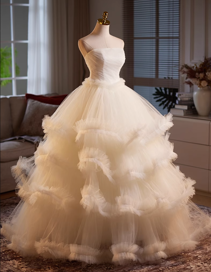 Attractive Strapless A-Line Sweet 16th Gowns Tiered Tulle Prom Dress AP5062