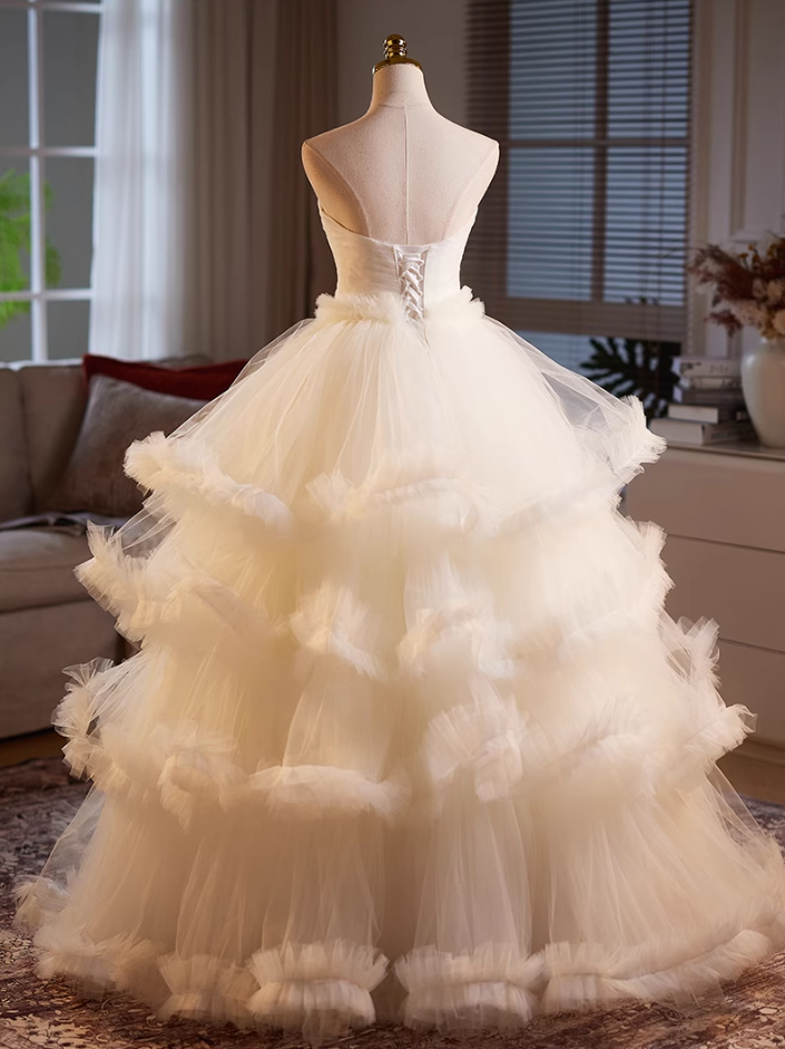 Attractive Strapless A-Line Sweet 16th Gowns Tiered Tulle Prom Dress AP5062